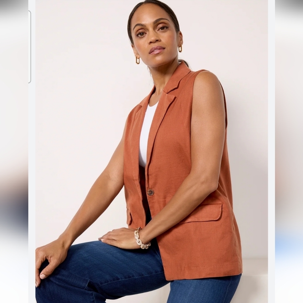 EVEREVE Cali Linen Blend Vest Rust Sleeveless Blazer NWOT Size M